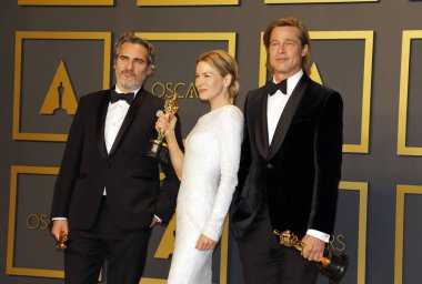 Joaquin Phoenix, Renee Zellweger and Brad Pitt at the 92nd Academy Awards - Press Room held at the Dolby Theatre in Hollywood, USA on February 9, 2020.