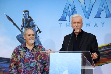 Jon Landau and James Cameron at James Cameron and Jon Landau hand and foot imprinting ceremony held at the TCL Chinese Theater in Hollywood, USA on January 12, 2023. clipart