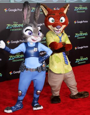 Characters Nick Wilde and Judy Hopps at the Los Angeles premiere of 'Zootopia' held at the El Capitan Theater in Hollywood, USA on February 17, 2016. clipart