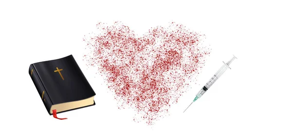 Heart-shaped blood spatter between the Bible and the syringe, the battle of good and evil for the soul, the choice between faith and drugs, relief and hope for the future, grafting, covid-19