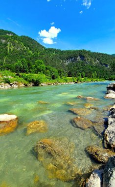 Zaalakh Nehri 'nde yaz mevsiminde Alp Dağları' nda turkuaz bir su vardı.