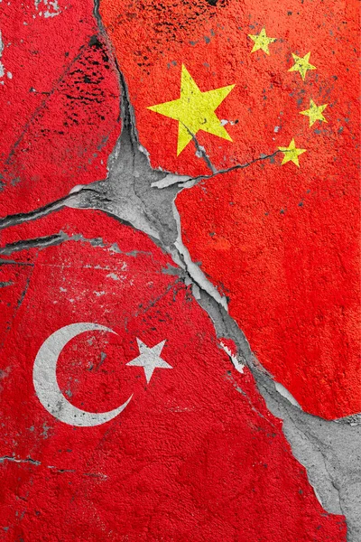 Illustration of crack between Turkey and China flags, the concept of global crisis in political and economic relations