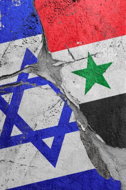 İsrail ve Suriye bayrakları arasındaki çatlağın resmi, siyasi ve ekonomik ilişkilerde küresel kriz kavramı