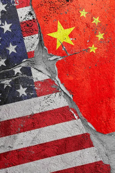 Illustration of the crack between the flags of the United States and China, the concept of global crisis in political and economic relations
