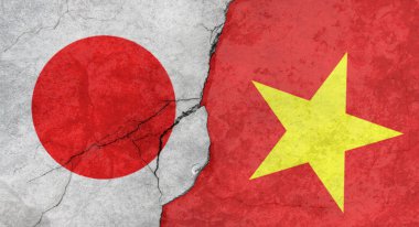 Japonya ve Vietnam bayrakları, çatlaklı beton duvar dokusu, grunge arkaplan, askeri çatışma konsepti