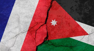 Fransa ve Ürdün bayrakları, çatlaklı beton duvar dokusu, grunge arka plan, askeri çatışma konsepti