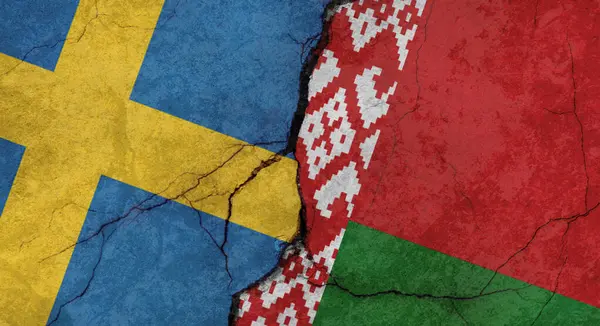Sweden and Belarus flags, concrete wall texture with cracks, grunge background, military conflict concept
