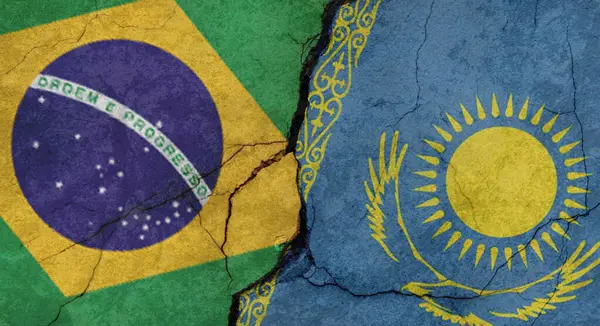 Flags of Brazil and Kazakhstan texture of concrete wall with cracks, grunge background, military conflict concept