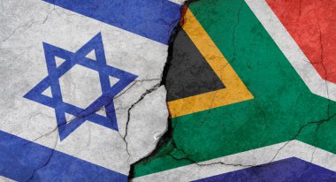 İsrail ve Güney Afrika bayrakları, çatlaklı beton duvar dokusu, grunge arkaplan, askeri çatışma konsepti