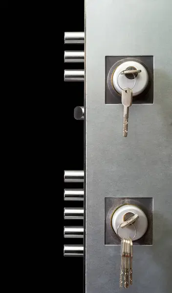 Εσωτερικό Κλειδαριά Διπλής Πόρτας Κλειδιά Που Απομονώνονται Μαύρο Φόντο Φωτογραφία Αρχείου