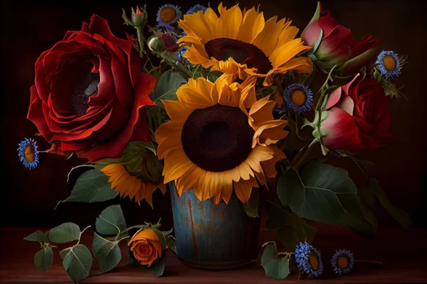 beautiful roses and sunflowers isolated