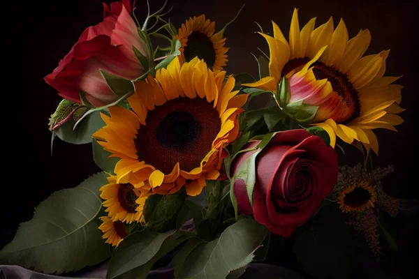 beautiful roses and sunflowers isolated