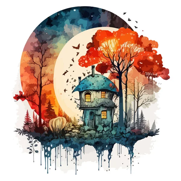 Watercolor painting of mushroom house forest