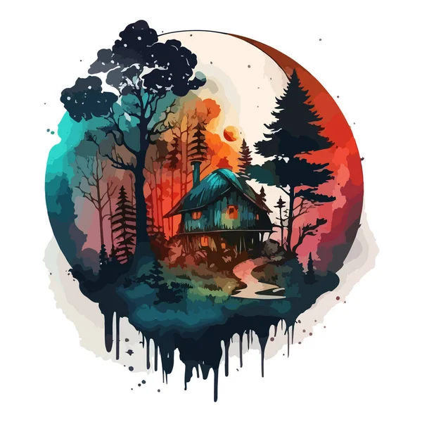 Watercolor painting of mushroom house forest