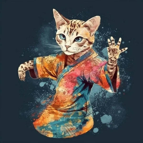 Watercolor painting of a dancing cat