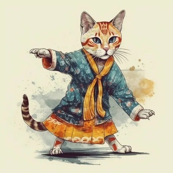 Watercolor painting of a cat dancing beautifully