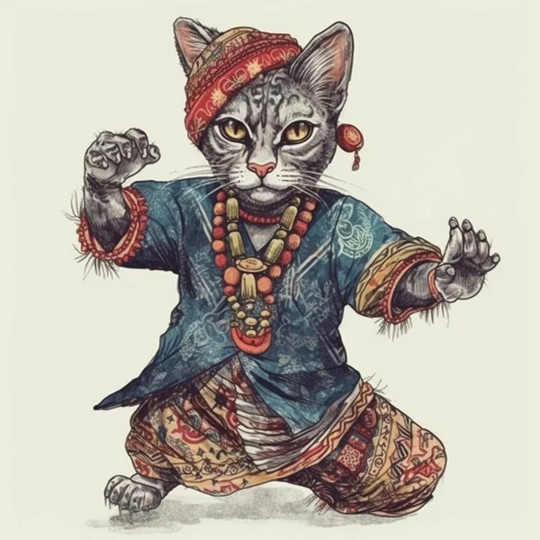 Watercolor painting of a graceful dancing cat