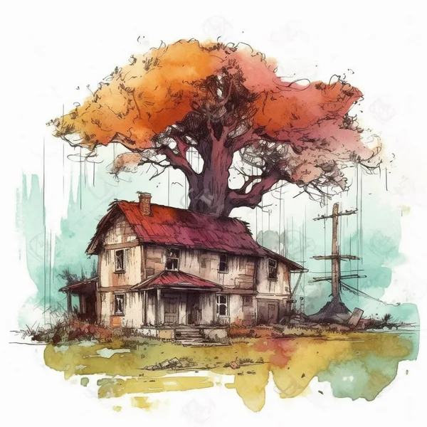 watercolor painting of a stately ancient house