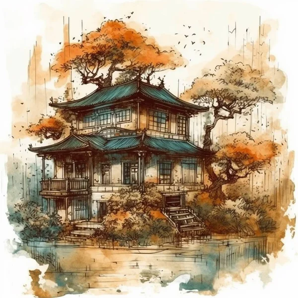 Watercolor painting of an ancient house