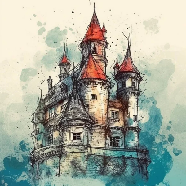 Watercolor painting of an antique castle