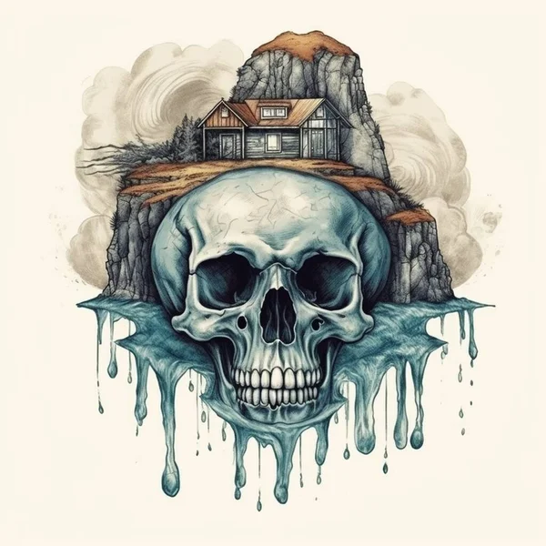 Watercolor painting of a skull-shaped house