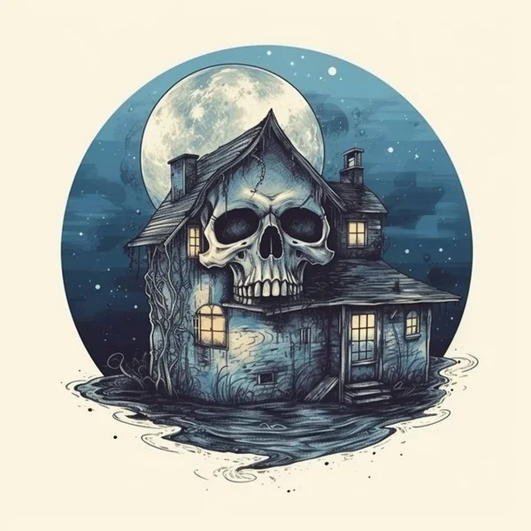 Watercolor painting of an antique skull-shaped house