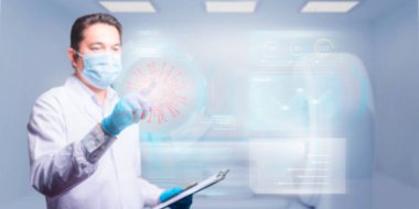 Doctor working with clipboard of medication history records and touch Futuristic screen. Perfect medical service in hospital.