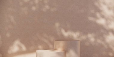 Premium podium on pastel Background for product display, Abstract geometric composition with branch and shadow on the wall -3D render. Mock up for exhibitions. Promotion.