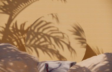 Premium podium on pastel Background for product display, Abstract geometric composition with branch and shadow on the wall -3D render. Mock up for exhibitions. Promotion.