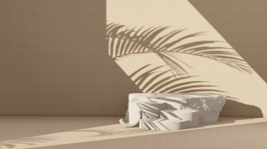 Premium podium on pastel Background for product display, Abstract geometric composition with branch and shadow on the wall -3D render. Mock up for exhibitions. Promotion.