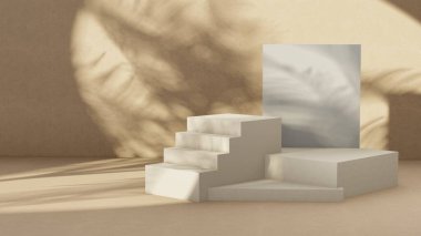 Premium podium on pastel Background for product display, Abstract geometric composition with branch and shadow on the wall -3D render. Mock up for exhibitions. Promotion.