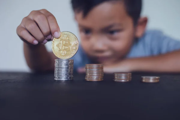 Young Boy Holding Bitcoin Selective Focus Coin Cryptocurrency Modern Finance Стоковое Фото