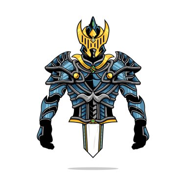 Mavi, gri yeşil ve sarı giyinmiş çok havalı bir şövalyenin üst kostümünü tasvir ediyor.