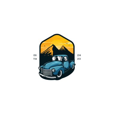 Gün batımında arka planda uçan bir dağ silueti ve uçan kuşlar olan mavi bir klasik kamyonu tasvir eden bir logo veya çizim.