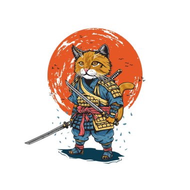 Samuray zırhı giymiş bir samuraya benzeyen bir kedi resmi. Bu resim geleneksel Japon kültürü kavramını taşır.