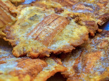 Macro photography of a plate with freshly fried tostones with salt, captured in a farm near the town of Arcabuco in central Colombia.