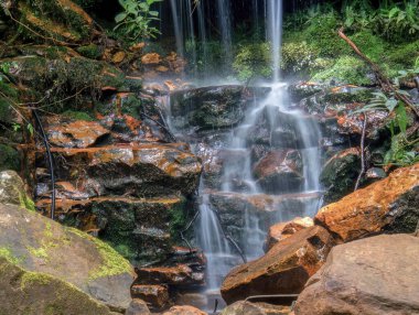 Kolombiya 'nın orta Andean dağlarında, Gachantiva kasabası yakınlarındaki bir yağmur ormanının ortasında küçük bir şelaleye uzun süre maruz kalmak..