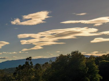 Orta Kolombiya 'nın doğu sıradağlarının tepelerinde günbatımının ışığıyla aydınlanan yumuşak bulutlar süzülüyor..