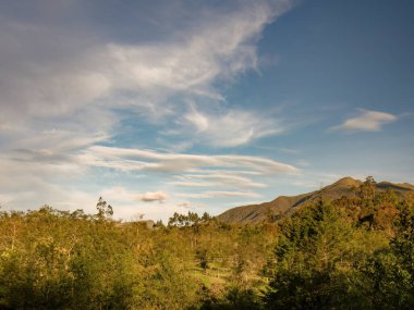 Orta Kolombiya 'nın doğu Andean dağlarındaki Iguaque, orman ve tarım alanlarının bir kısmı, huzurlu bir günbatımında.