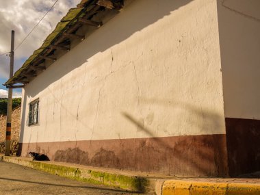 Gün batımında Sora kasabasında kaldırımda oturan melez bir köpek. Orta Kolombiya 'nın doğu kesimindeki Iguaque doğal rezervi yakınlarındaki Andean dağlarında, tipik bir eski evin yanında..