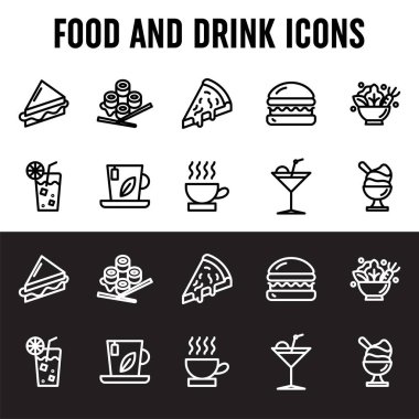 Yiyecek ve içecek ikonları dizaynı. Web siteleri, programcılar, geliştiriciler ve tasarımcıların ihtiyaçları için uygun beyaz zemin üzerinde modayı ve modern satır tarzını temsil eden semboller. Simge vektör tasarımı