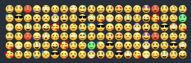 Çeşitli ifade tarzları olan 120 simge ikonundan oluşan büyük bir koleksiyon. Sosyal medya ihtiyaçları için uygun bir çizgi film emojisi koleksiyonu. Karanlık bir arkaplanda vektör simgelerinden oluşan bir koleksiyon