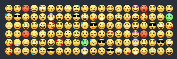 Çeşitli ifade tarzları olan 120 simge ikonundan oluşan büyük bir koleksiyon. Sosyal medya ihtiyaçları için uygun bir çizgi film emojisi koleksiyonu. Karanlık bir arkaplanda vektör simgelerinden oluşan bir koleksiyon