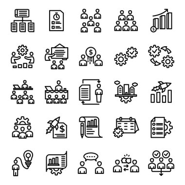 İş ya da organizasyon yönetim simgeleri dizayn et. Yönetici, takım çalışması, strateji, pazarlama, iş, planlama, eğitim, çalışan simgeleri içerir. Taslak simgelerinin vektör koleksiyonu.
