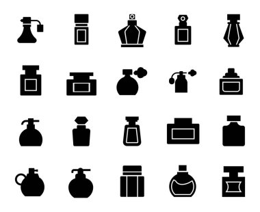 Parfüm simgesi veya logo tasarımı izole edilmiş işaret sembolü çizimini ayarla. Yüksek kaliteli siyah çizgi biçimi vektör simgelerinden oluşan bir koleksiyon