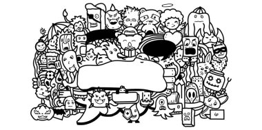 Kaprisli bir karalama, çeşitli çizgi film karakterleri ve siyah beyaz nesneler içerir; grafik tasarım veya yaratıcı projeler için mükemmeldir.