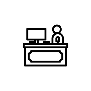 Web sitesi ve uygulama tasarımları için sipariş işleme ve müşteri hizmetlerini sembolize eden bir kasa masası, bilgisayar ve kişinin minimalist simgesi.