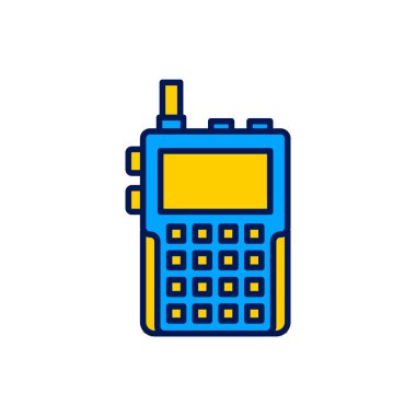 Anten ve birden fazla düğme içeren canlı mavi ve sarı telsiz çizimi beyaz arkaplanda izole edilmiştir. Güvenlik veya iletişim temaları için kullanın..