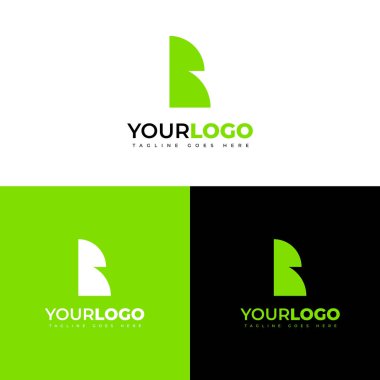 Üç logo modeli, beyaz, yeşil ve siyah arka planlara karşı modern bir yeşil logo tasarımı sergiliyor. Bu tasarım yaratıcı markalaşma projeleri için uygundur..