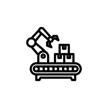 Otomatik kol sanatı kutuları taşıma bandına yerleştirmek, verimliliği ve modern üretim süreçlerini sembolize etmek web sitesi tasarımı veya teknolojiyle ilgili projeler için kullanılır.
